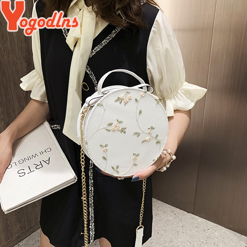 Yogodlns broderie femmes sacs ronds dentelle sac à bandoulière en cuir synthétique polyuréthane femme sac à bandoulière à fleurs sacs décontractés