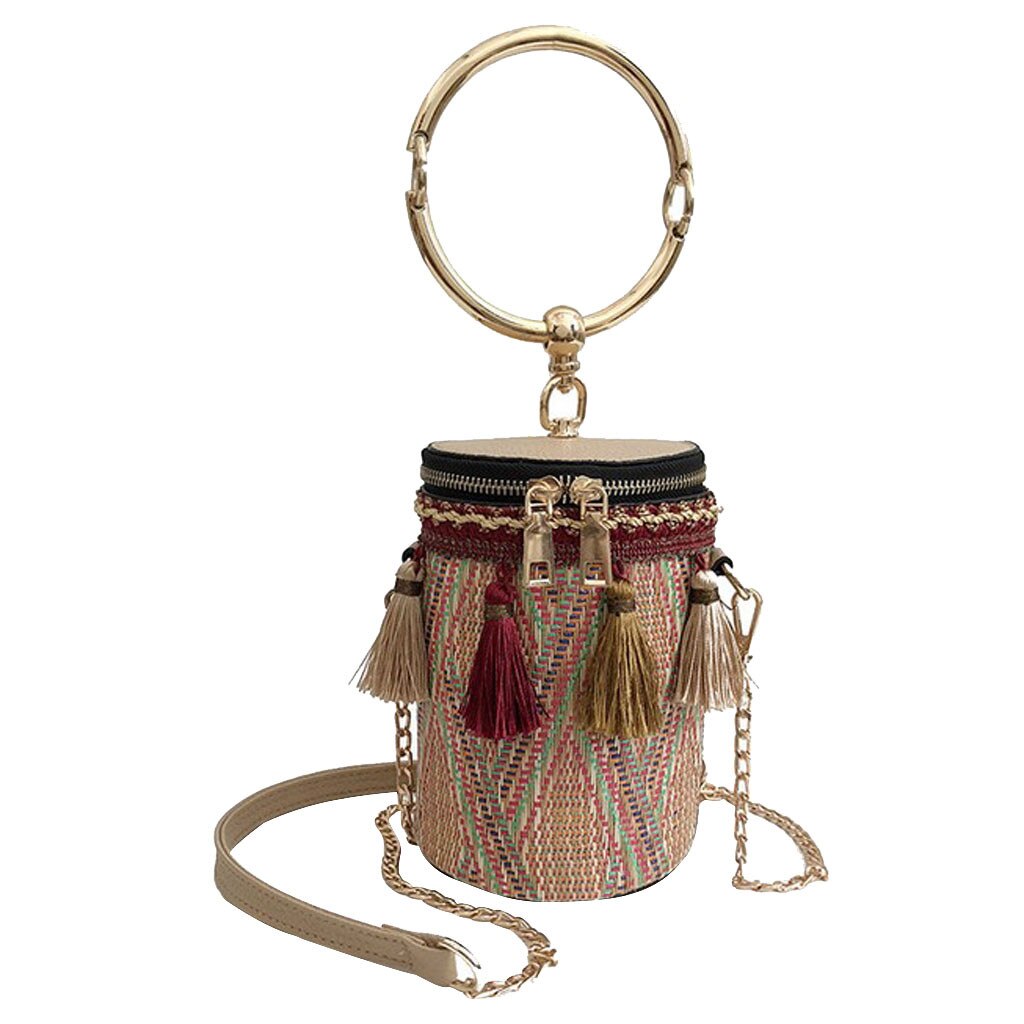 Aelicy Vintage Fringed Woven Lace Straw Handbag Ladies Summer Rattan Bag hand-woven Beach Circle Luxury Handbag: Beige