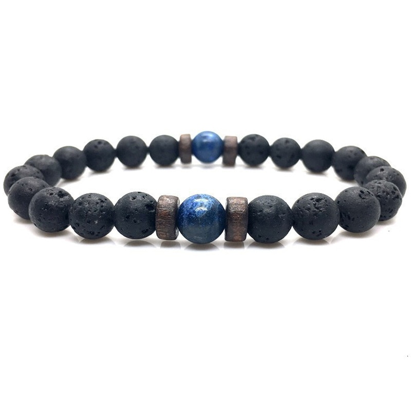 Pulsera de piedra volcánica para hombre, brazalete con cuentas negras, cuerda elástica, , joyería: C