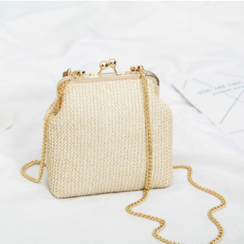 Moda concha saco de palha designer clipe de corrente feminina ombro crossbody sacos rattan bolsas femininas pequeno tecido verão praia bolsas: Damasco