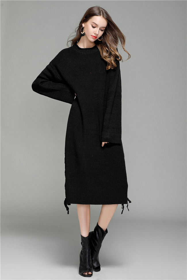 Autumn Winter Women Knitted Dress O Neck Long Sleeeve Patchwork Solid Loose Sweater Dress Vestidos de invierno: black