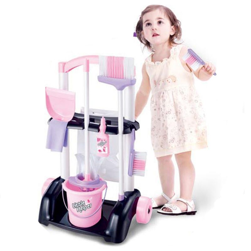 Carrito de limpieza de casa para niños, juguete para juego de imitación, pequeño ayudante para el hogar, carro de limpieza, suministros de limpieza