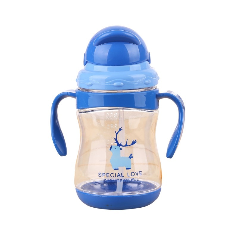 Taza de bebé de 300ml, vasos pijos de ciervos de dibujos animados para bebés, botellas de entrenamiento para niños pequeños, botellas para niños para aprender a beber con doble