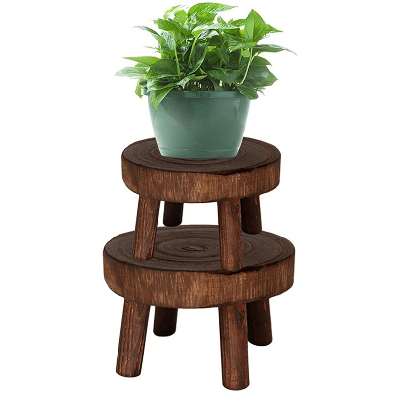 XD-2Pcs Mini Wooden Stool Flower Display Stand, Potted Plant Shelf Bonsai Rack, Vintage Wood Grain Garden Plant Pot Stand