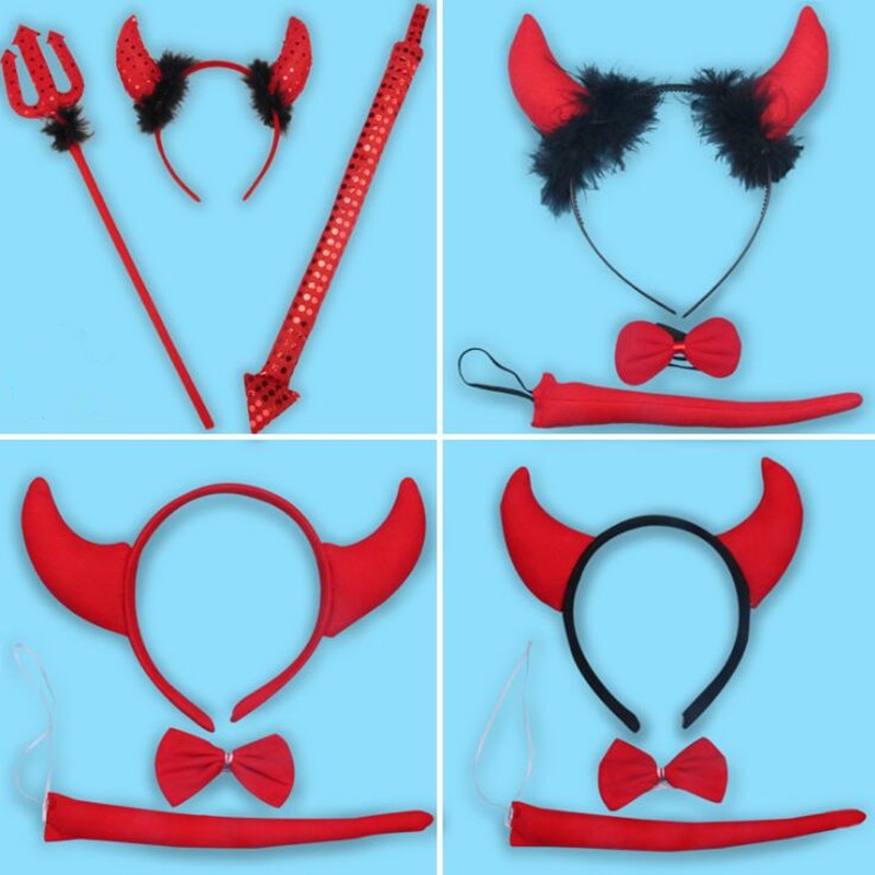 Rode Duivel Hoofdband Demon Hoorn Haarband Bow Tie Tail Vrouwen Meisjes Cosplay Props Maskerade Feestjurk Decor Halloween