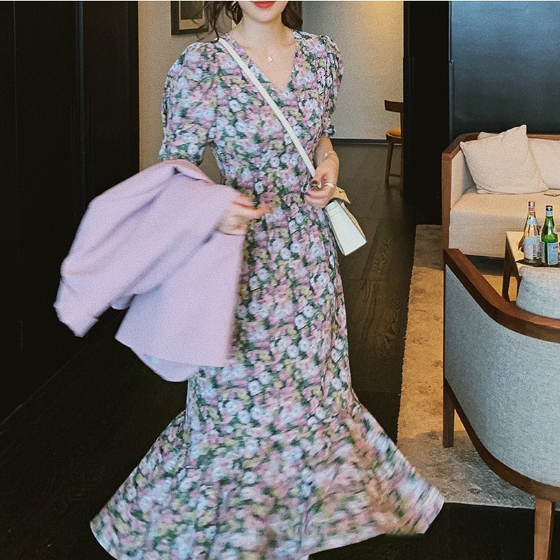 Conjunto de 2 piezas de , Blazer de mujer, abrigo cruzado y cuello de pico, manga corta, vestido con estampado Floral, ropa Vintage SL521