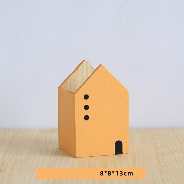 Hus form træ blyant penneholder desktop organizer opbevaringsboks container pensel pot papirvarer skole kontor tilbehør: Lille orange