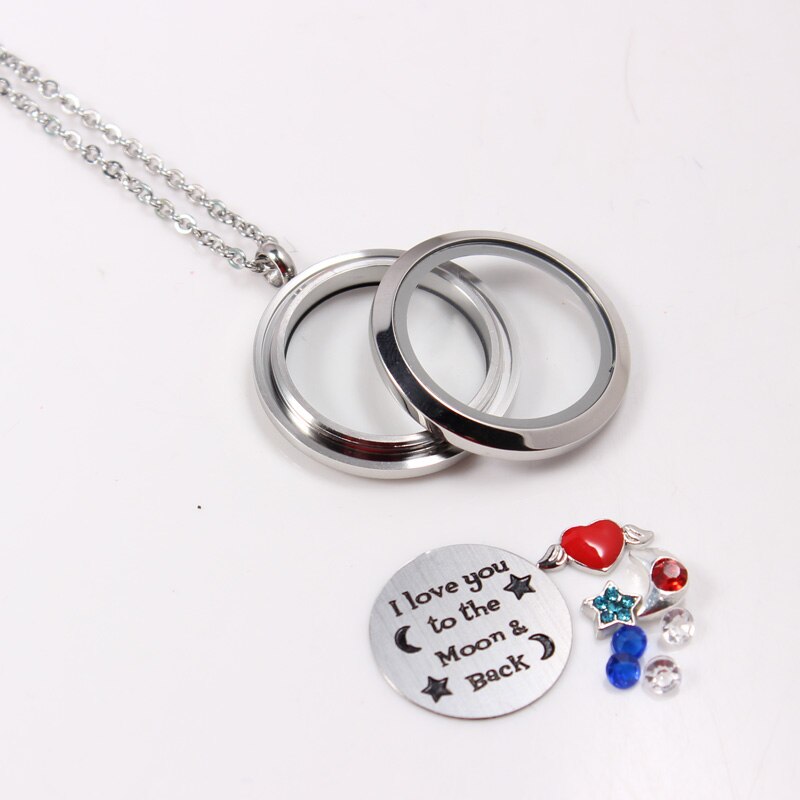 DIY 30mm Stainless Steel Floating Locket Necklace Pendant With Love Charms 50cm Chain Box