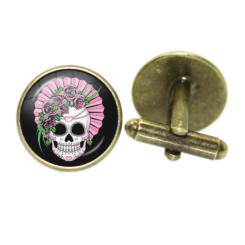 Boutons de manchette squelette Vintage pour hommes, verre rond, de crâne blanc, de mariage, chemise, costume, accessoires bijoux à la: Bleu