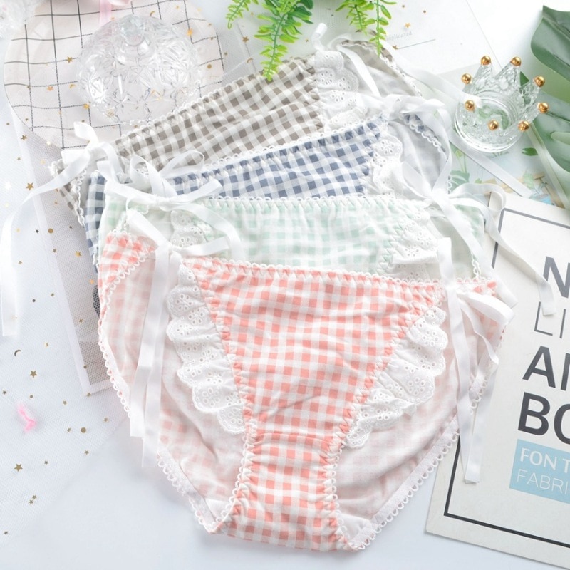 Bragas de algodón de Lolita para mujer, ropa interior Sexy de encaje de estilo japonés, ropa interior de entramado de lazo de cintura baja