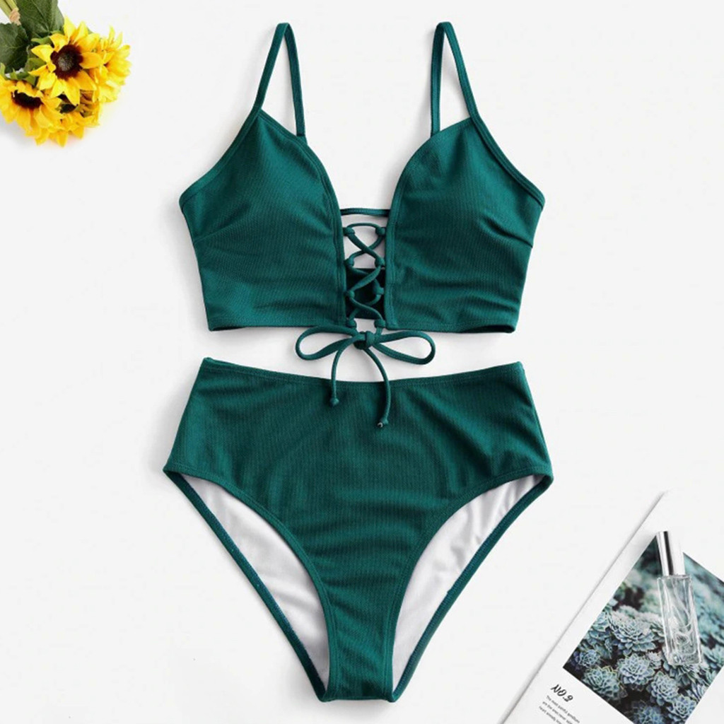 Bikini solid push up bikini polstret bh stropper høj talje badedragt bandage kvindelig badetøj kvinder biquini #d: Grøn / Xl