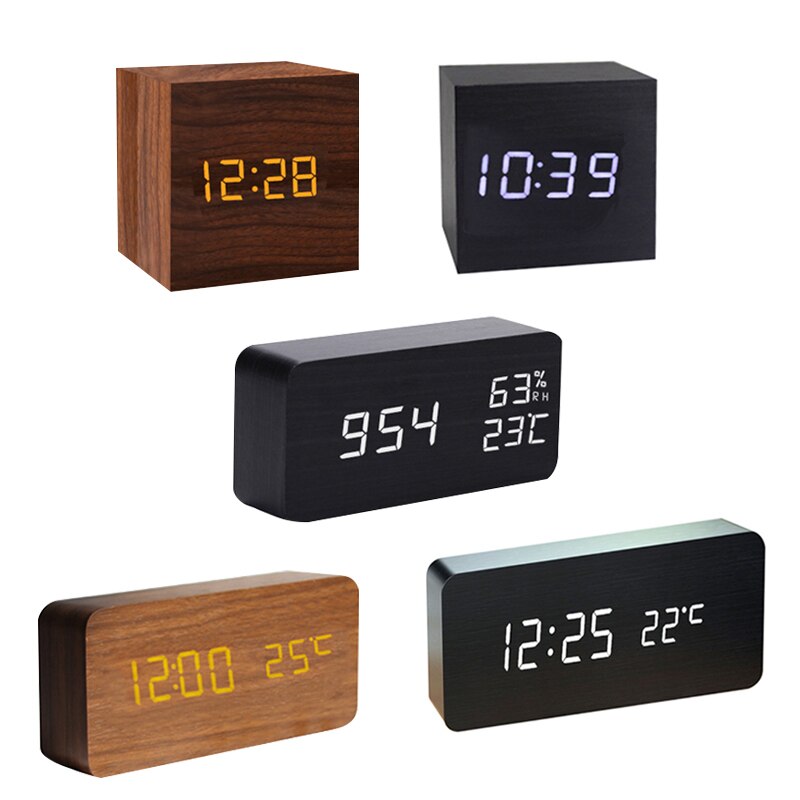 Alarm Clock LED Wooden Watch Table Voice Control USB/AAA Powered Digital Desktop Clocks Home Decor