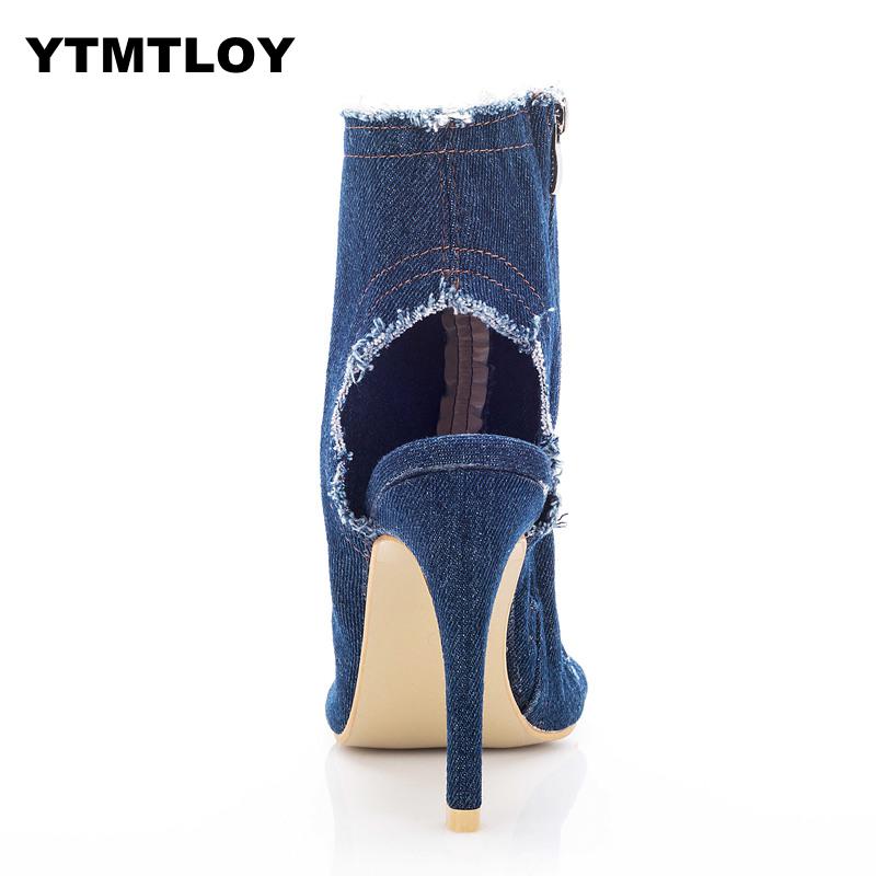 Peep toe gladiator skor kvinnor pumps denim höga klackar cutout stilett zip tunn party blå super zapatos mujer dam skor