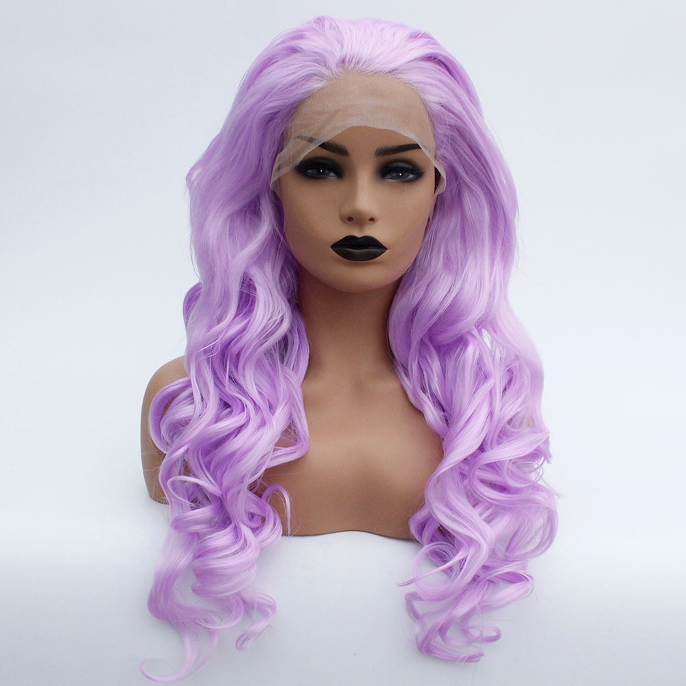 Violet Long Loose Wavy Lace Front Wig Synthetic Hair Light Purple Glueless Body Wave Wig for Women Lavender Heat Resistant Fiber