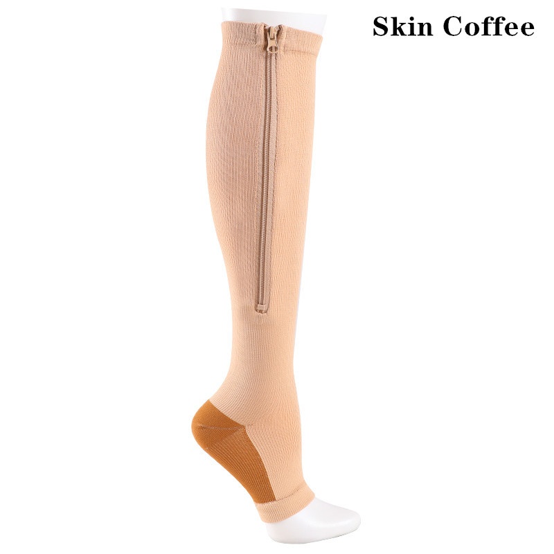Calcetines de compresión con cremallera para hombre y mujer, medias hasta la rodilla con cremallera, soporte para piernas, punta abierta, Color sólido, YSZ02: S / Castaño