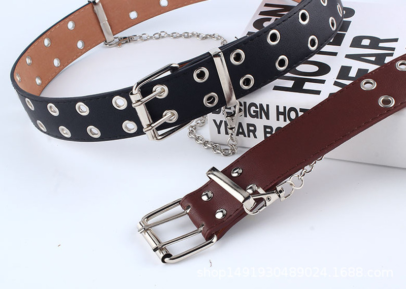 Women Punk Chain Belt Adjustable Black Double/Single Eyelet Grommet Leather Buckle Belt