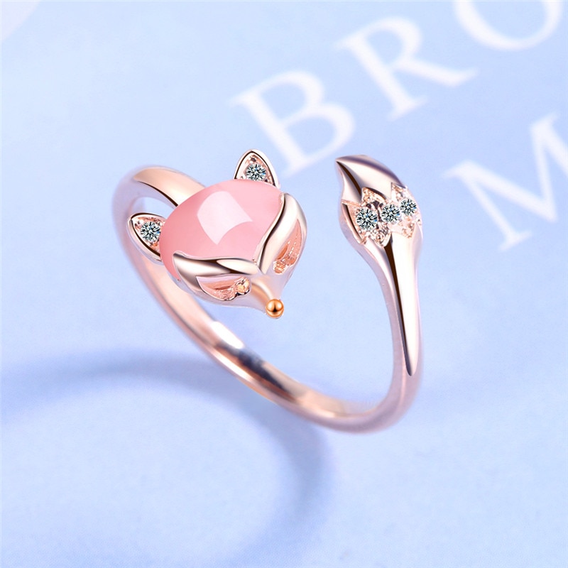 Cute Female Pink Moonstone Adjustable Ring Rose Gold Color Wedding Rings For Women Classic Promise Fox Thin Engagement Ring