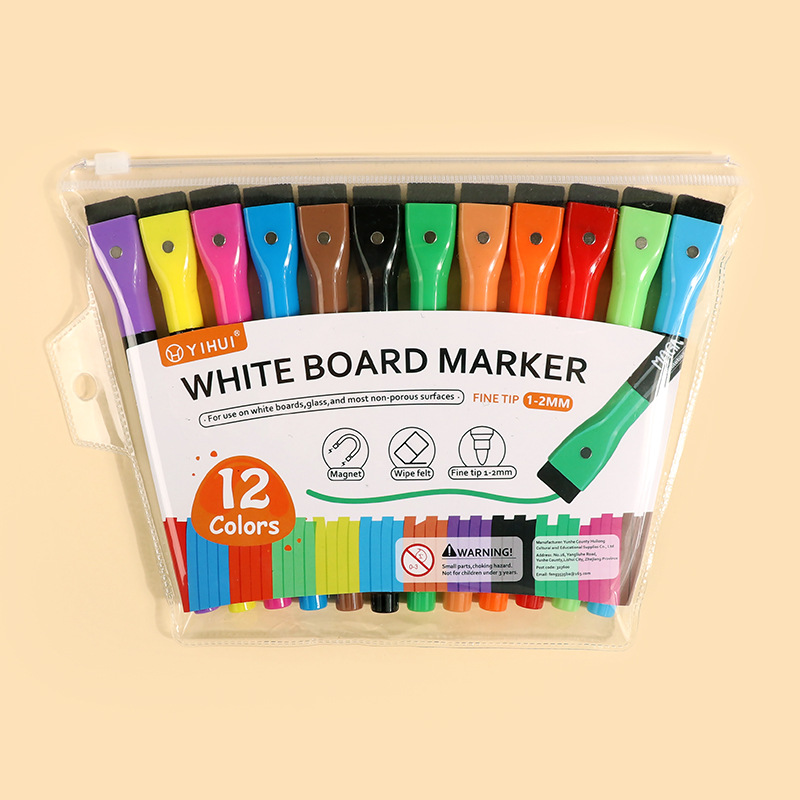 12 Stks/set 2024 Coloful School Klaslokaal Benodigdheden Magnetische Uitwisbare Whiteboard Pennen Markering Droge Gum Pagina 'S Kinderen Tekening: Default Title
