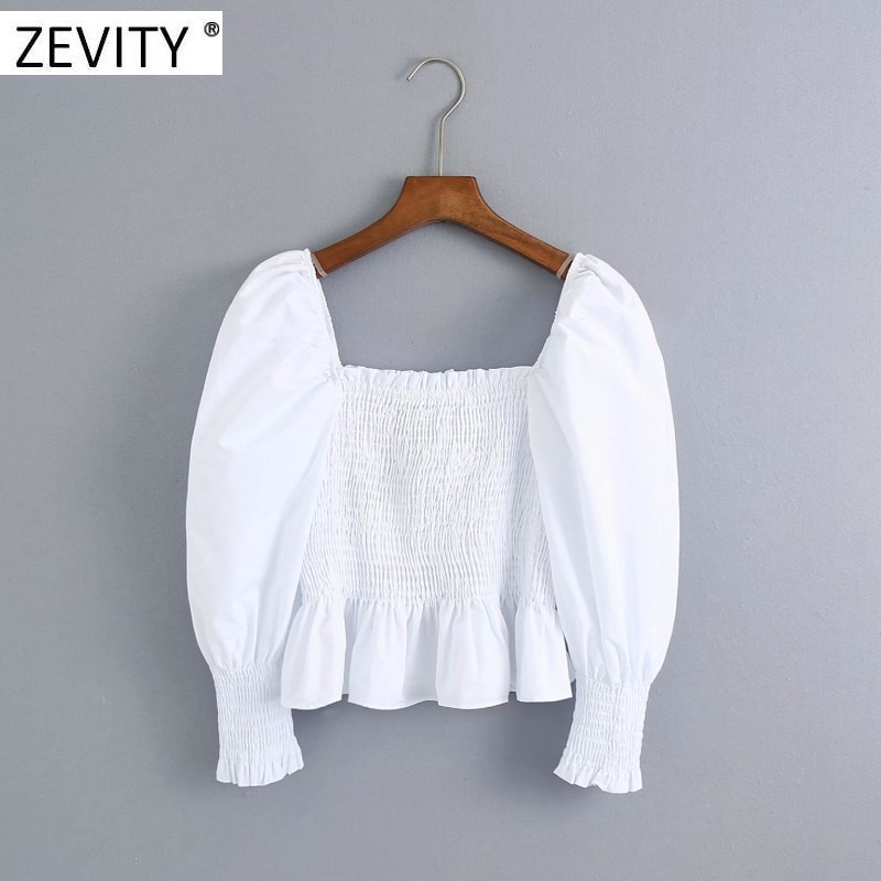 Zevity dames vierkante kraag elastische poplin smock blouse dames pofmouw slanke witte shirts chique cropped tops  ls7033
