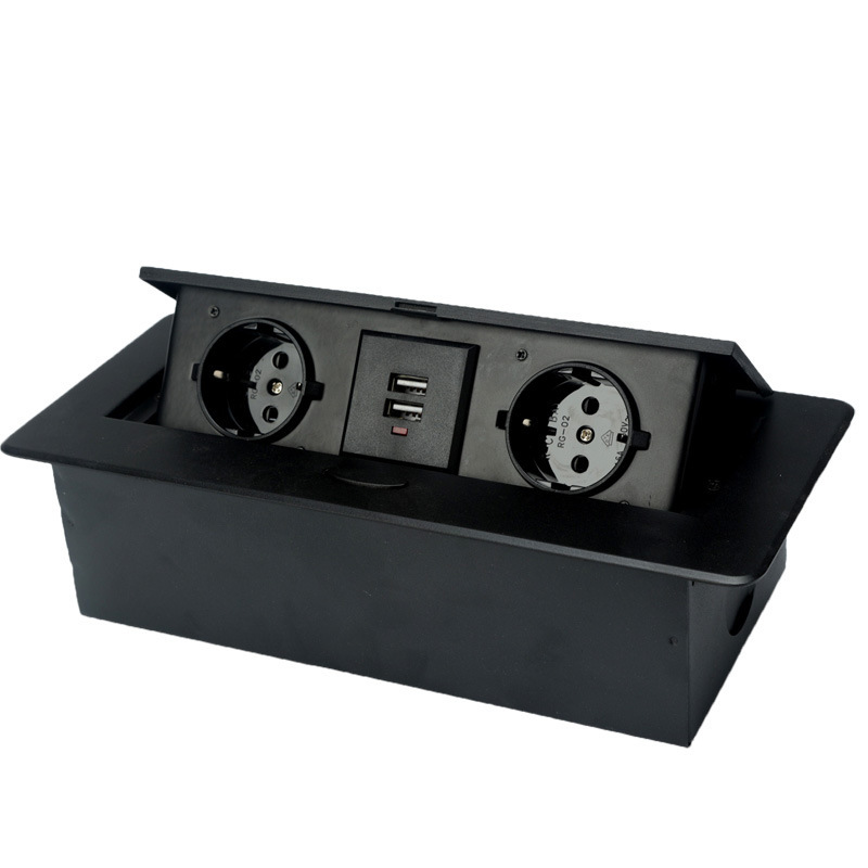 KEKA Desktop Socket Table Socket 2 EU Socket With USB Charging Computer Socket Slow Pop-up Black Aluminum Alloy Cover For Desk