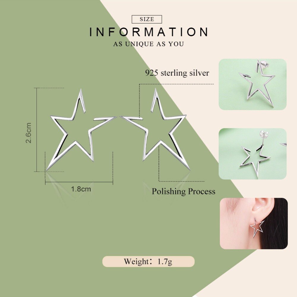 BAMOER Authentic 925 Sterling Silver Exquisite Star Stud Earrings for Women Hyperbole Fine Jewelry Bijoux SCE107