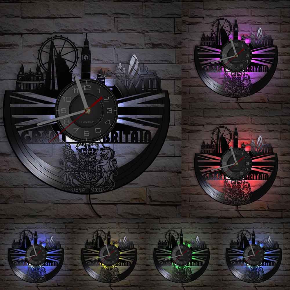 The Great Britain Cityscape LED Backlight Modern Wall Clock London Skyline Landmarks Gramophone Record Wall Watch Vinyl Artwork: With LED