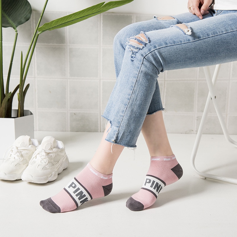 5 paar roze sokken met kleurrijke grappige sokken, roze letters, voetbalsokken, harajuku streetwear enkelsokken
