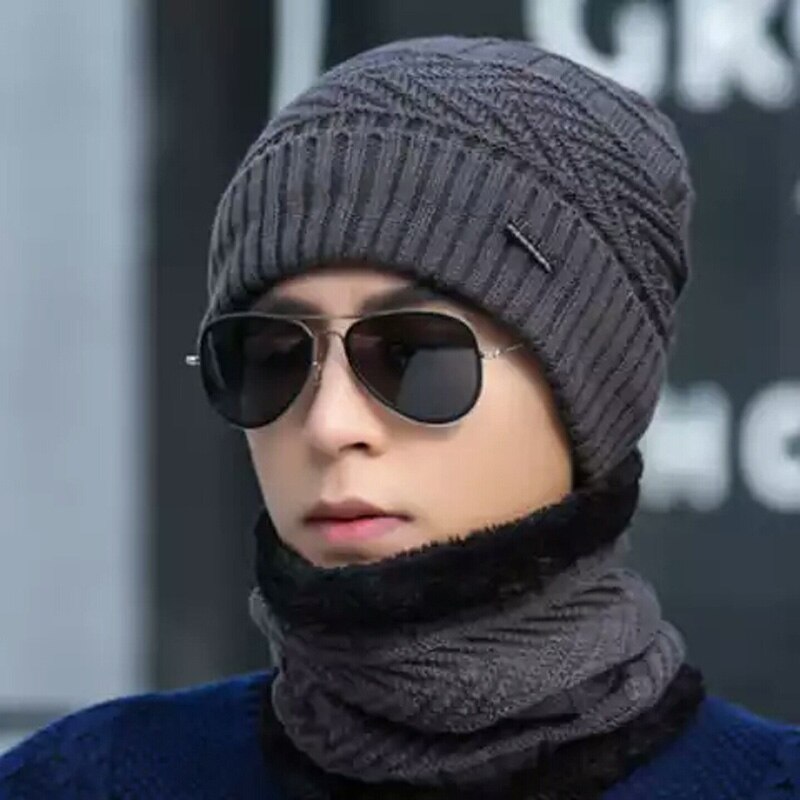 men winter hat scarf set male warm fleece knitted beanie cap with neck warmer Balaclava