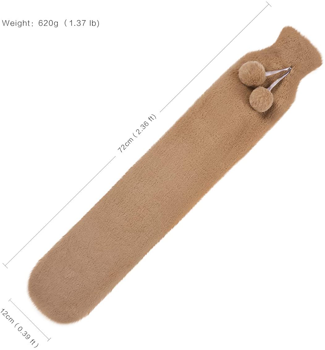 Long Stander Water Bottle Bed Warm Waist Back Water Bottle With Super Soft Plush Material Cover 2L Pure Natural Rubber: Brown