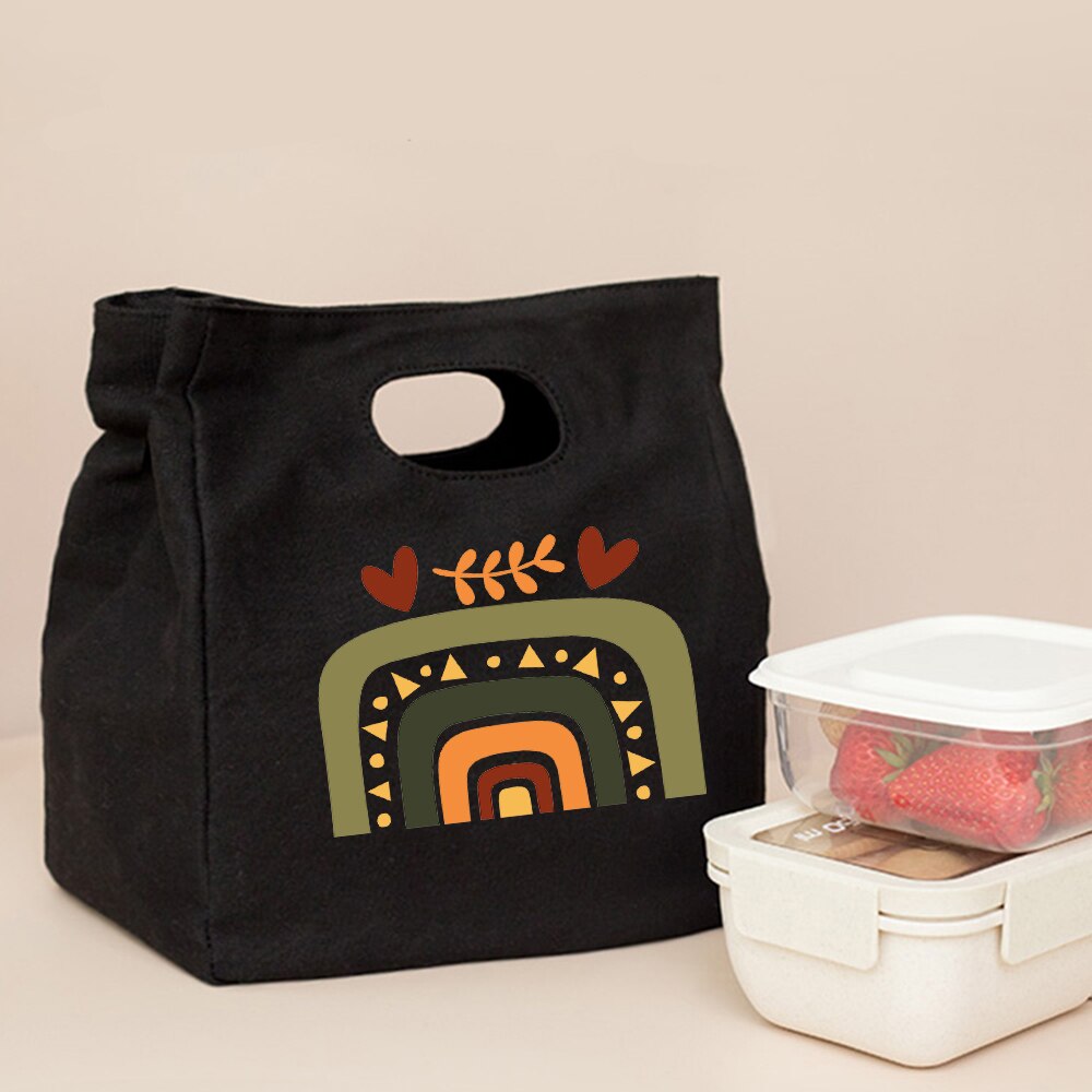 Śliczna modna tęcza drukuj czarne torby na Lunch na co dzień wielokrotnego użytku Eco termiczna torba składana torba podróżna o dużej pojemności Harajuku: Q00729-TBBK-C