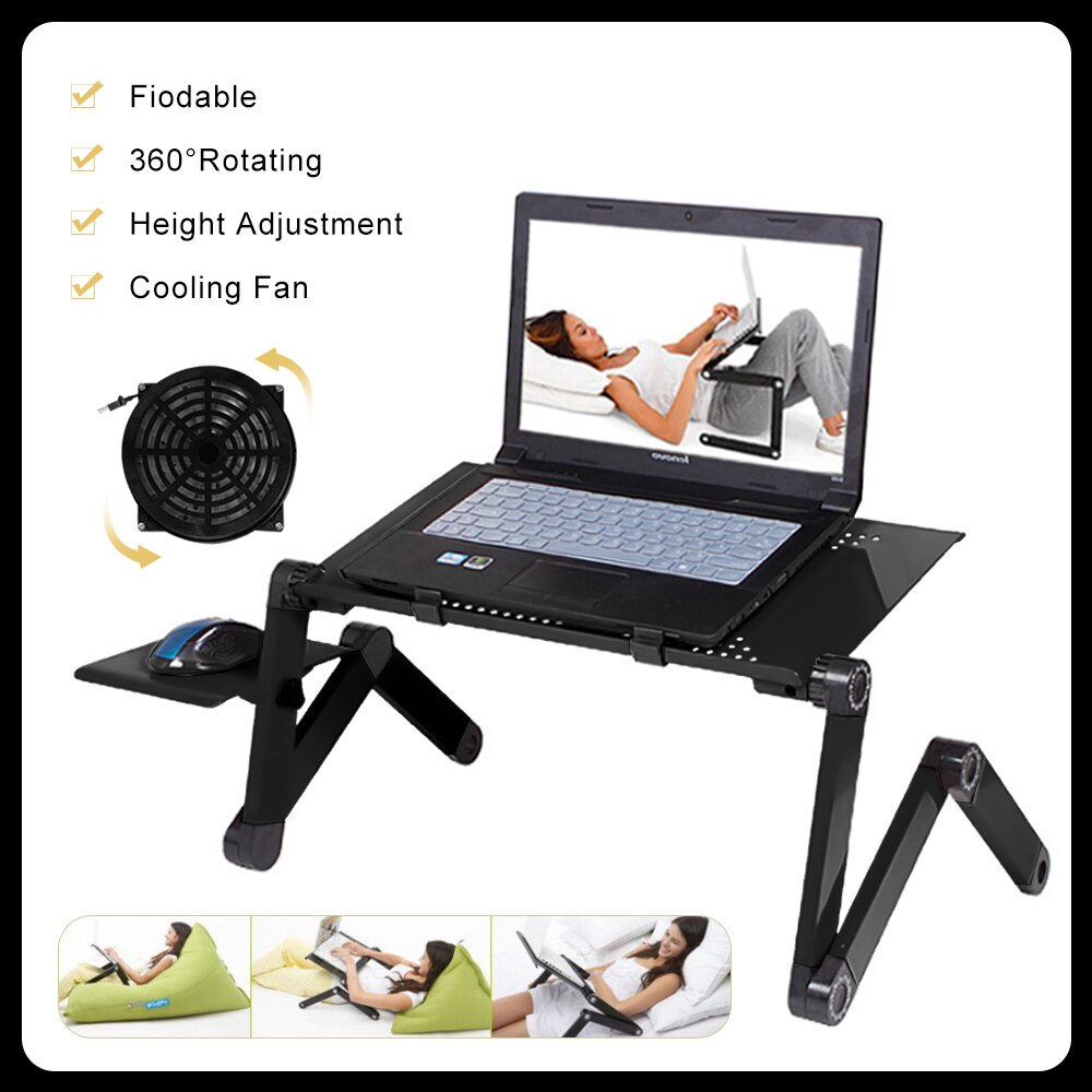 Verstelbare opvouwbare tafel voor laptop, bureau, computer, mesa, notebookstandaard, lade voor slaapbank, zwart, kantoor, slaapkamer, maat m/l, draagbaar: A-zwart met ventilator