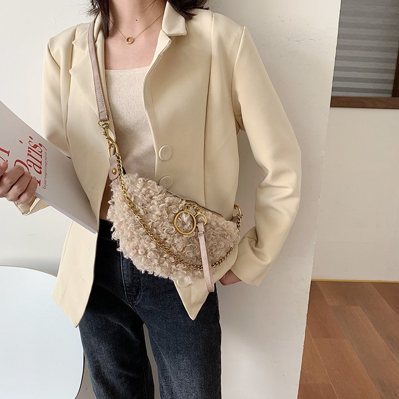 Bolso cruzado con cadena Vintage para mujer, bandolera de lana rizada de PU, con correas anchas para el día,