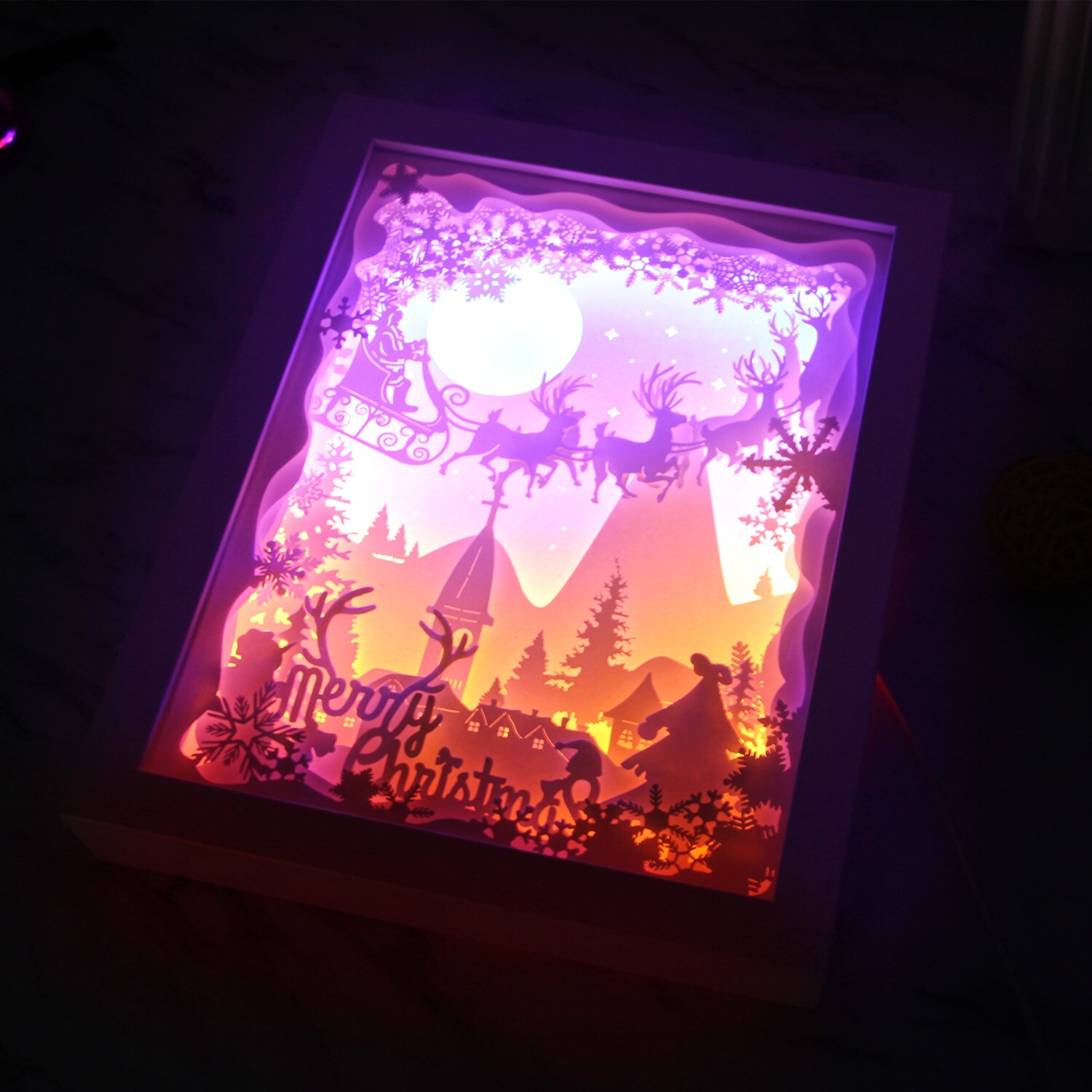 Frohe Weihnachten 3D Schatten Kasten Papier Carving Papercut LED Nacht Lampe Licht für Schlafzimmer Kaffee Einkaufen Tee Haus Weihnachten dekoration