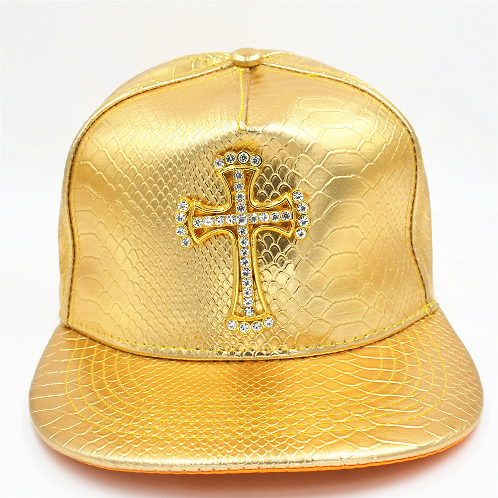 Bling krystal guld kors vedhæng kasketter hip hop dans hatte pu læder hat justerbar mænd kvinder