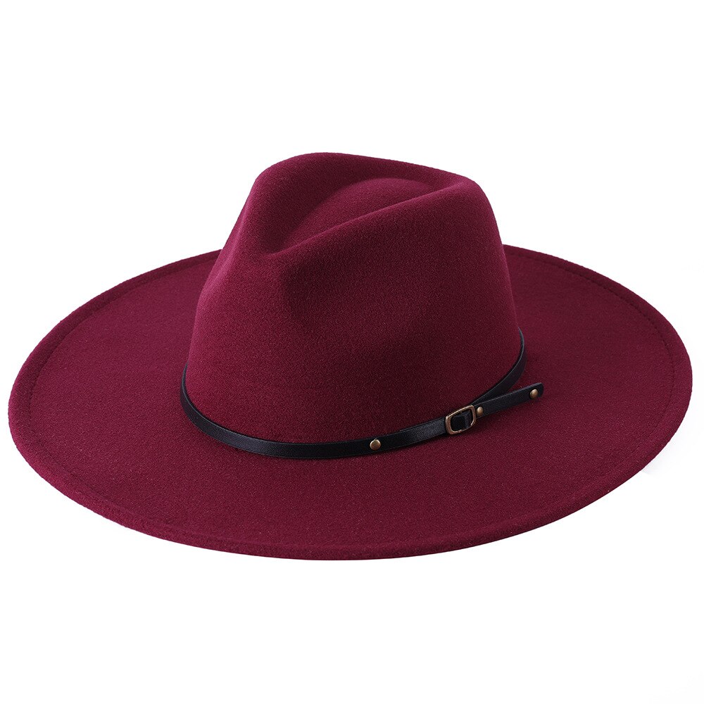 Chapeau Fedora en laine à large bord pour homme et femme, couleur unie, , Jazz, feutré, Panama, jaune: Red wine