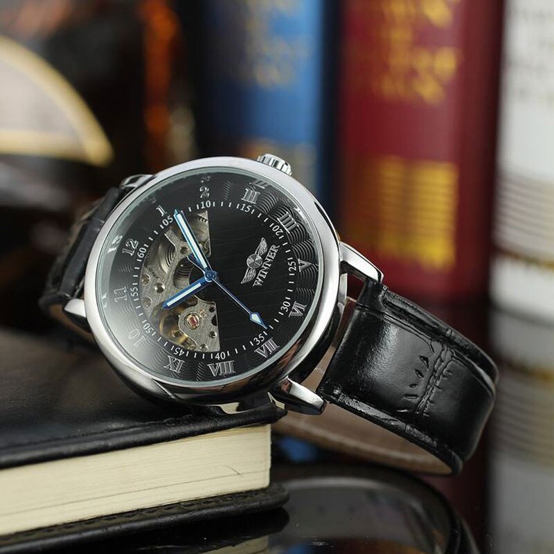 WINNER – Montre-bracelet en cuir doré pour Homme, mécanique, à la , squelette, horloge