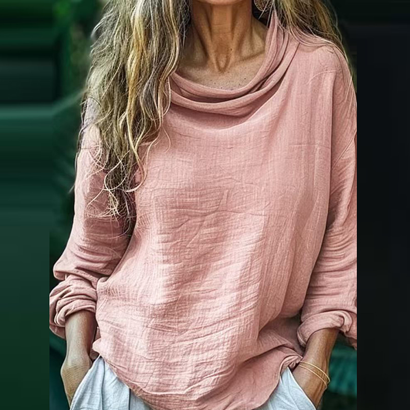 Langærmet folderpullover til kvinder, alle matchende ensfarvede toppe med tørklædekrave, forårsbluse med lange ærmer: S / Brun