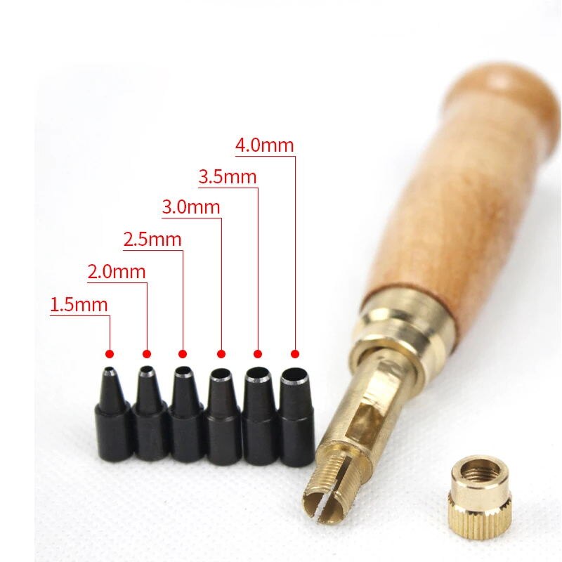 Automatic Belt Punch Leather Belt Screw Hole Puncher Wooden Handle Bookbinding Tool With 6 Tips 1.5-4mm Hole Punch Screw Drill