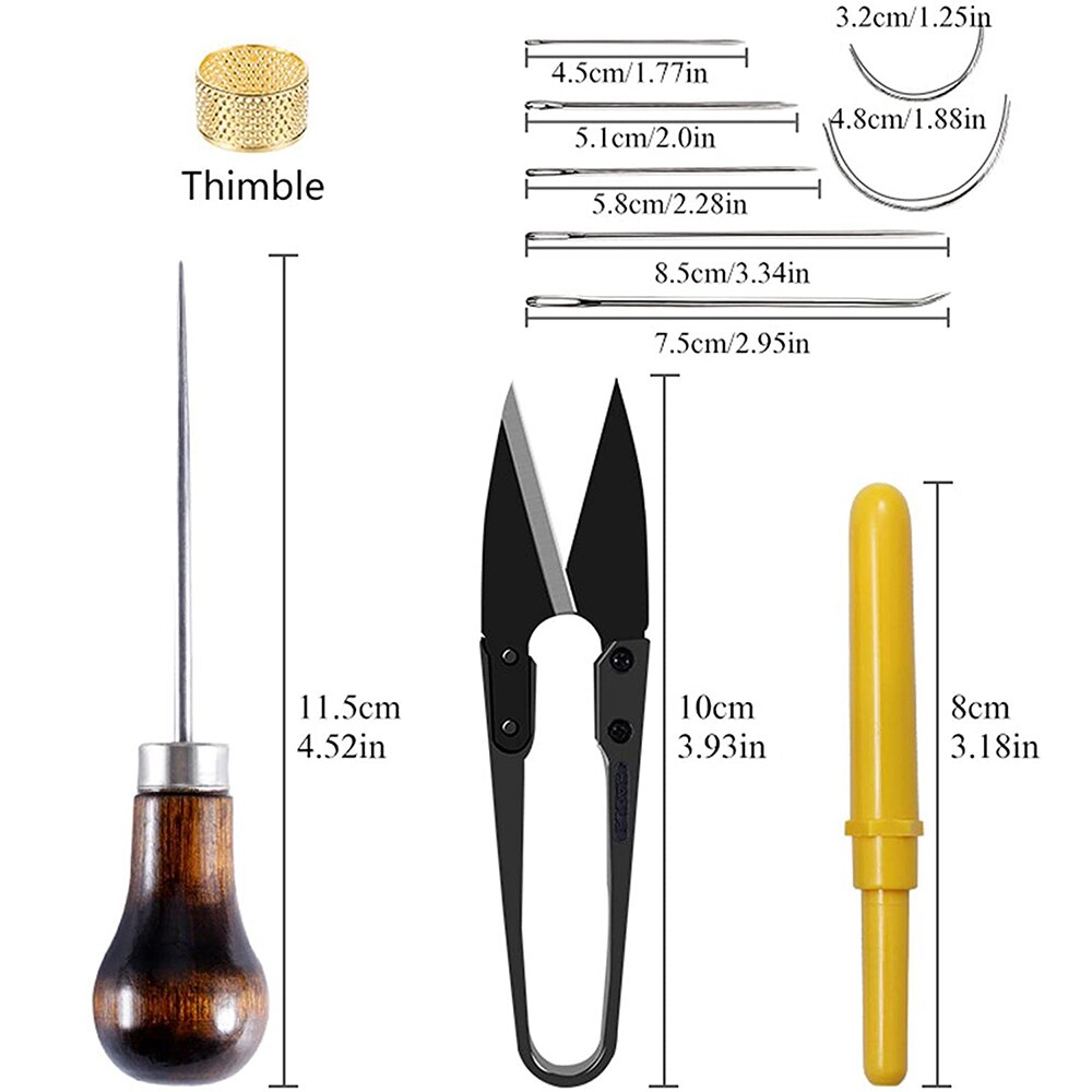 12Pcs Leather Sewing Tools Kit Curved Needles Gourd Awl Leathercraft U Scissors Seam Ripper for Quilting Repairing Stitching