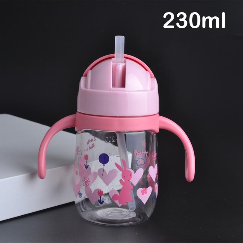 230/450 ml Peuter Zuigeling Water Fles Kinderen Babyvoeding Cup Leuke Cartoon Gedrukt Veilig Mooie Baby Water Cup met Stro: 230ml Pink Handle