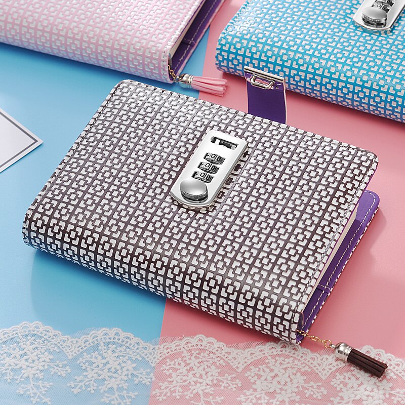 Kawaii A6 Korean lock leather notebook writing pads flower girl loose leaf password mini lockable diary school supplies