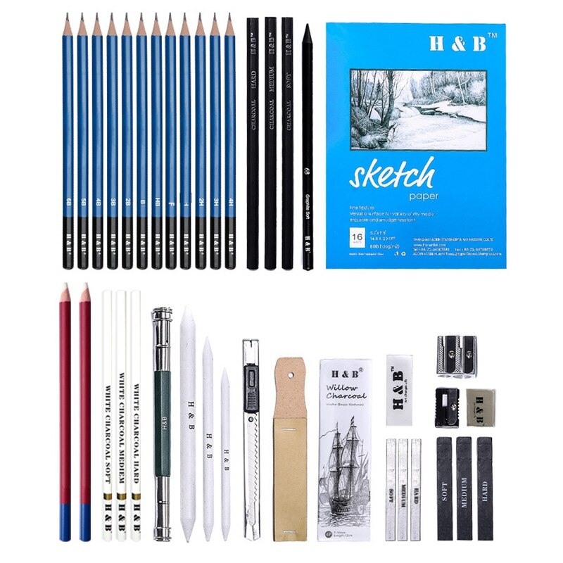 -H & B 45Pcs Art Kit Tekenen En Schetsen Potlood Set Houtskool Potloden Grafiet Potloden Gummen Met Kit Bag accessoires