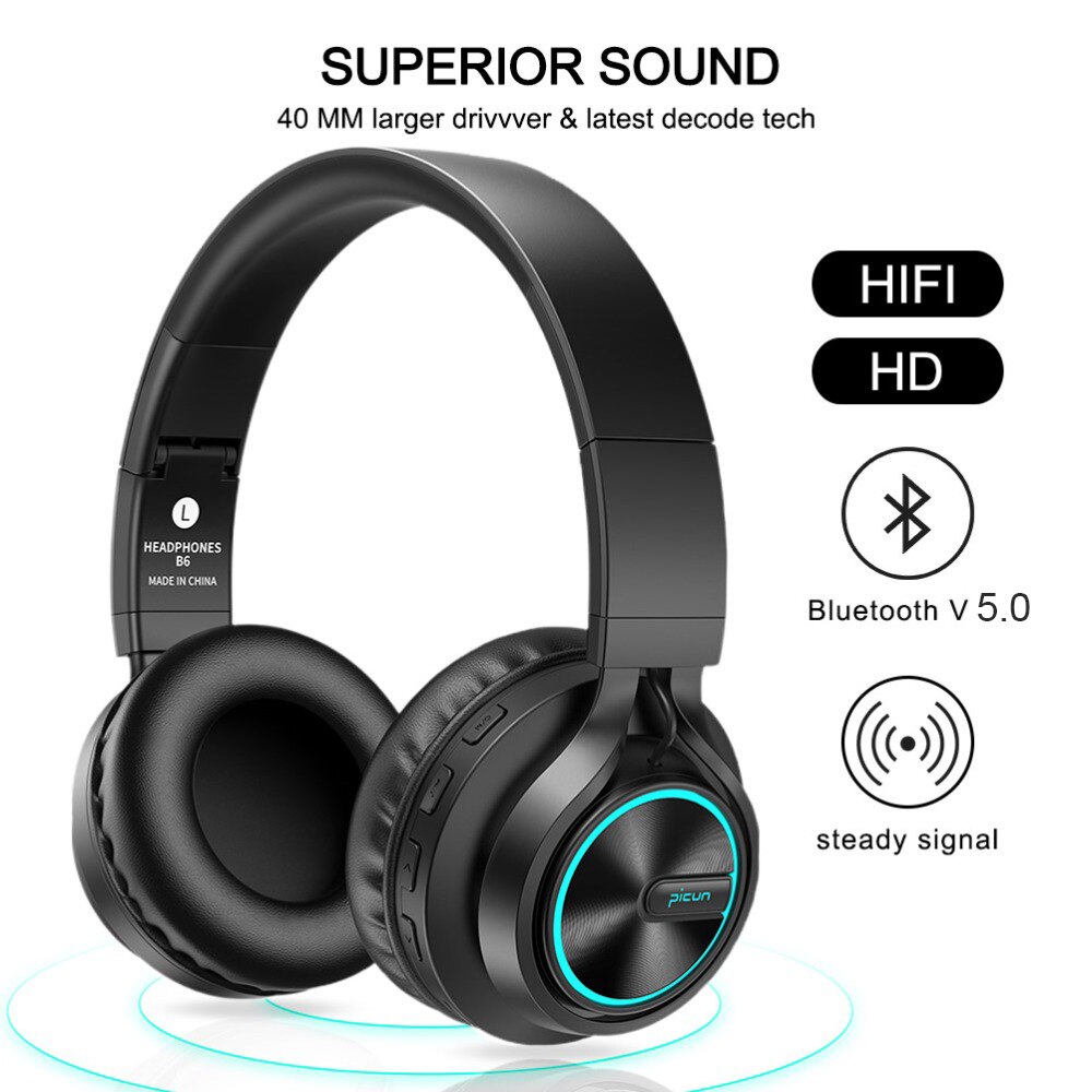 Picun B6 casque sans fil Bluetooth 5.0 HiFI stéréo casque pliable casque écouteurs lumineux LED avec micro HD Supoort TF carte