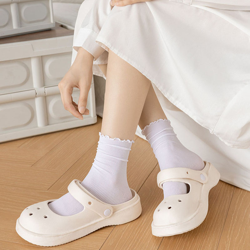 Women Ruffled Edge Bing Bing Socks Summer Ultra-thin Absorb Sweat Prevent Odor Soft Ice Velvet Harajuku Stretch Elasticity Socks: XXS / Bege