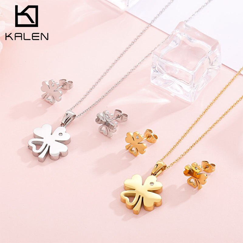 Kalen-ensemble collier et boucles d'oreilles en forme de trèfle à quatre feuilles, petit ensemble de boucles d'oreilles en acier inoxydable, bijou féminin, frais et