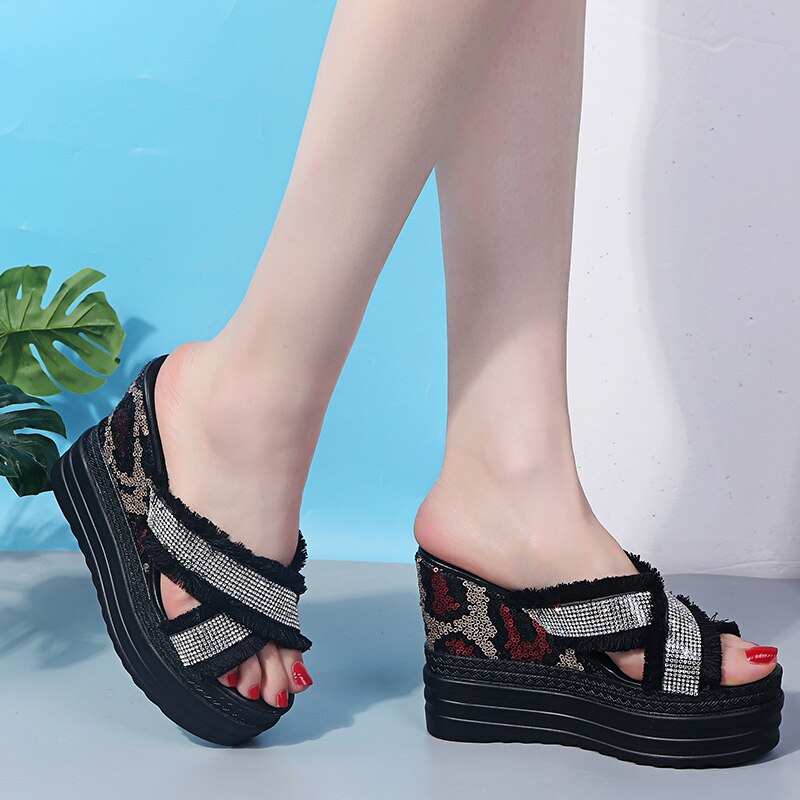 Rimocy Women Wedges Sandals Platform with Crystal Ripped Cross Strap Slippers Summer Super High Heels Slides Shoes Woman