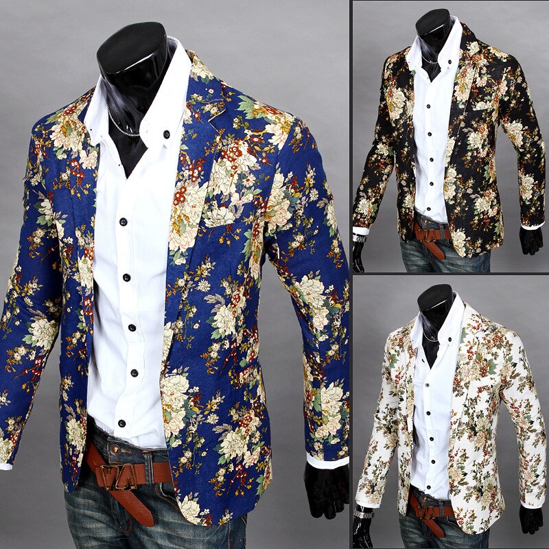 Male Retro Vintage Casual Blazer Beauty Print Mens Suit Jacket Singer Costume nightclub dance Coat