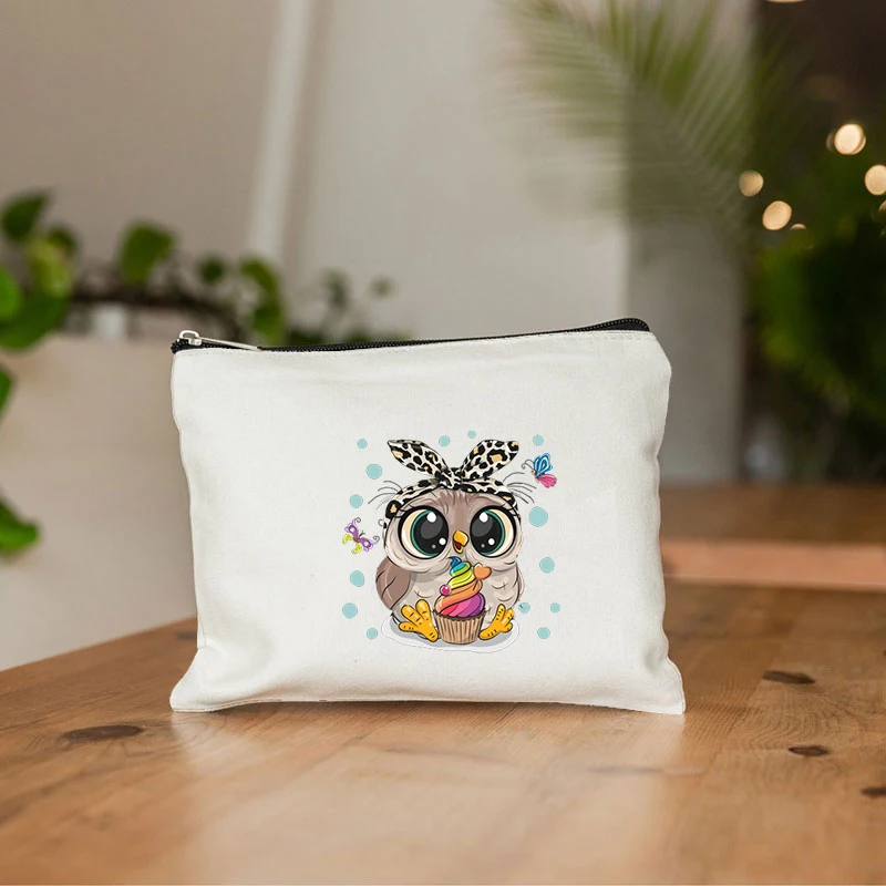 Sac de maquillage imprimé hibou de dessin animé, nécessaire de voyage, pochette de rangement de toilette pour femmes, sacs à cosmétiques en toile à fermeture éclair, meilleur: Clair