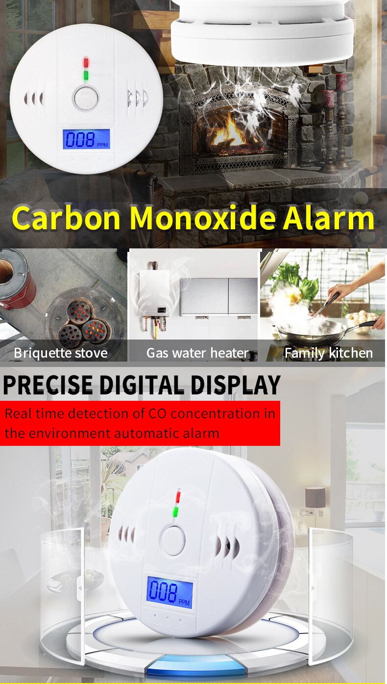 Hjem gas co sensor advarsel alarm detektor lcd displayer kulilte forgiftning røg analysator køkken badeværelse gas analysatorer