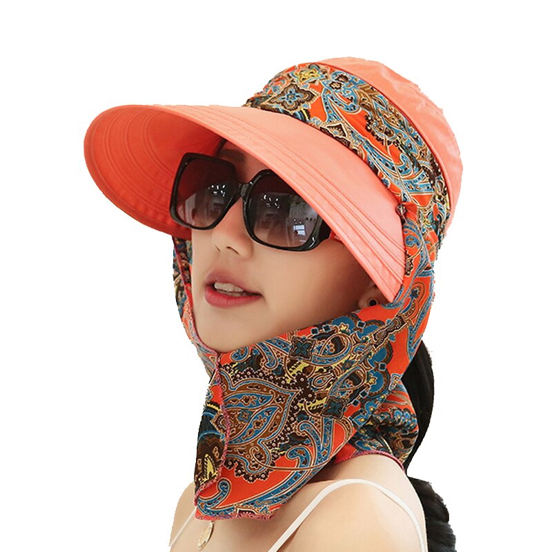 Gorra para mujer, sombrero para el sol, protección UV, de verano, flor personalizada con chal, sombrero plegable de borde grande, sombrero de sol de playa para mujer: Orange